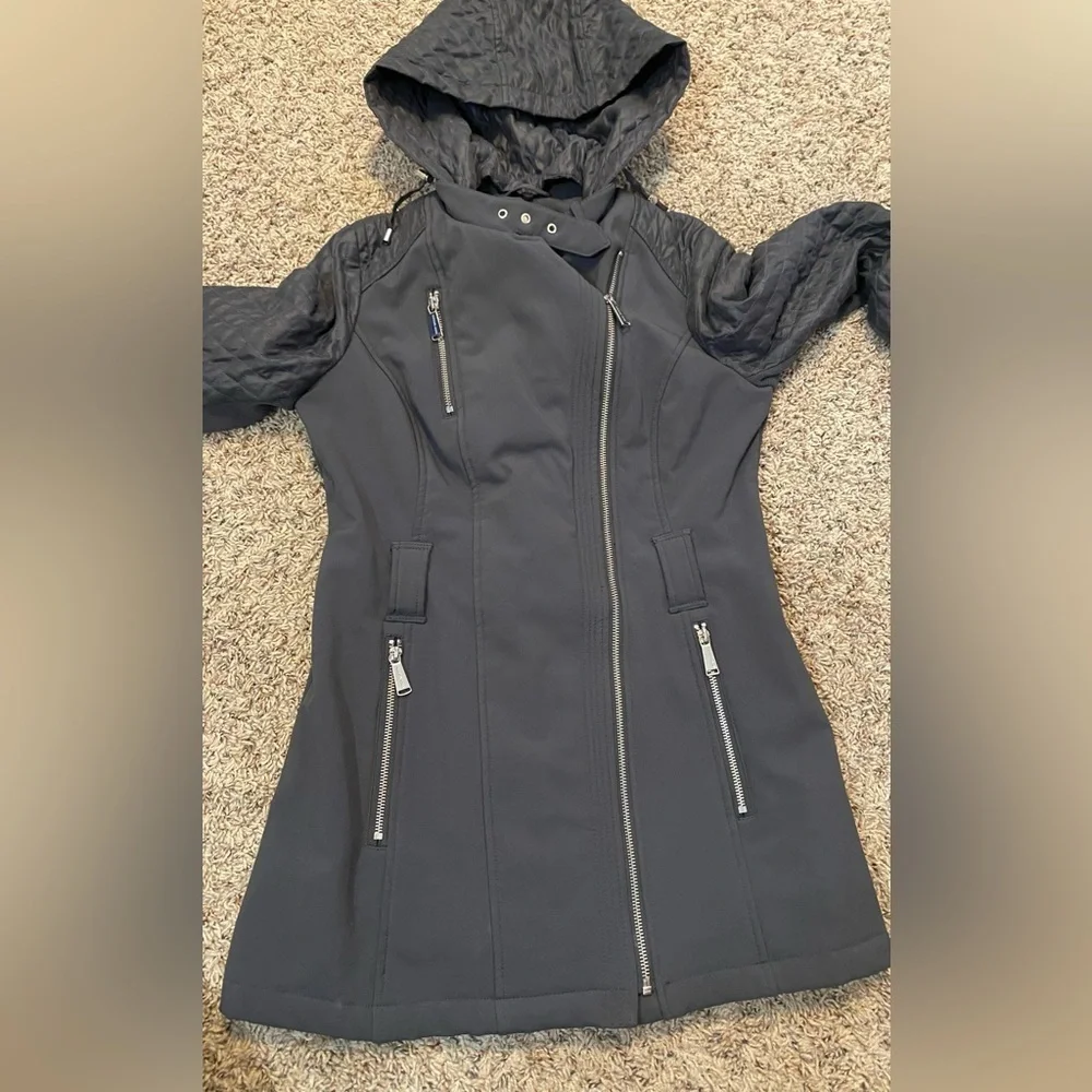 Grey Michael Kors Women's Quilted Sleeve Winter Trench Coat Asymmetrical Zip, XS